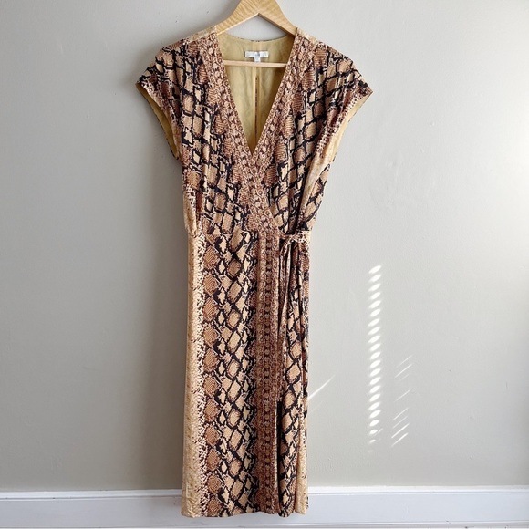 Joie Bethwyn Snakeskin Print Wrap Mini Dress in Fading Sun Brown, Size Small - Picture 2 of 14